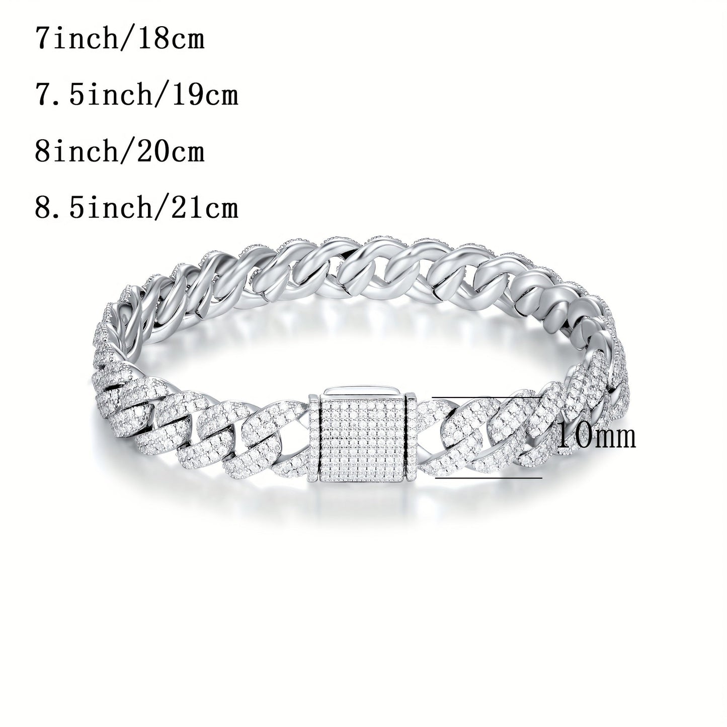 Bracciale Cubano in Argento Sterling S925 con Moissanite 10.4–15.3CT – Lusso Street Unisex, 32.4g, Regalo per Lui/Lei.