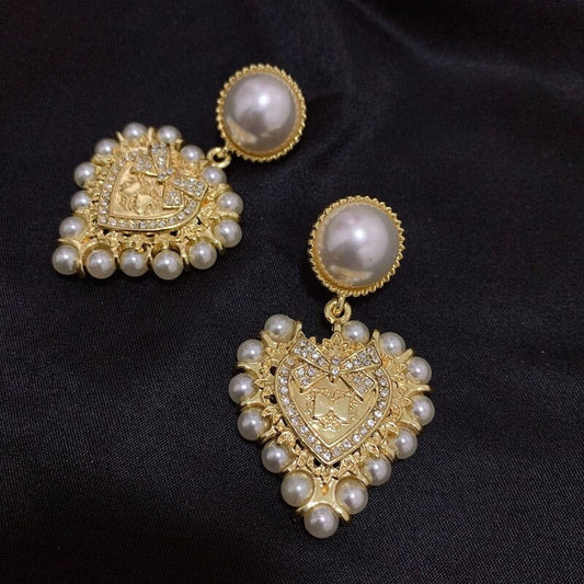 Vintage Gold & Pearl Heart Drop Earrings