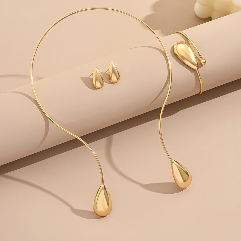 Linea - 4 Pezzi Set di Orecchini a Goccia Eleganti Geometrici Lucidi, Bracciale e Collana per Donne