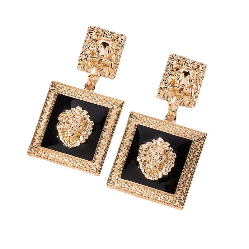 Gold Square Lioness Vintage Drop Earrings