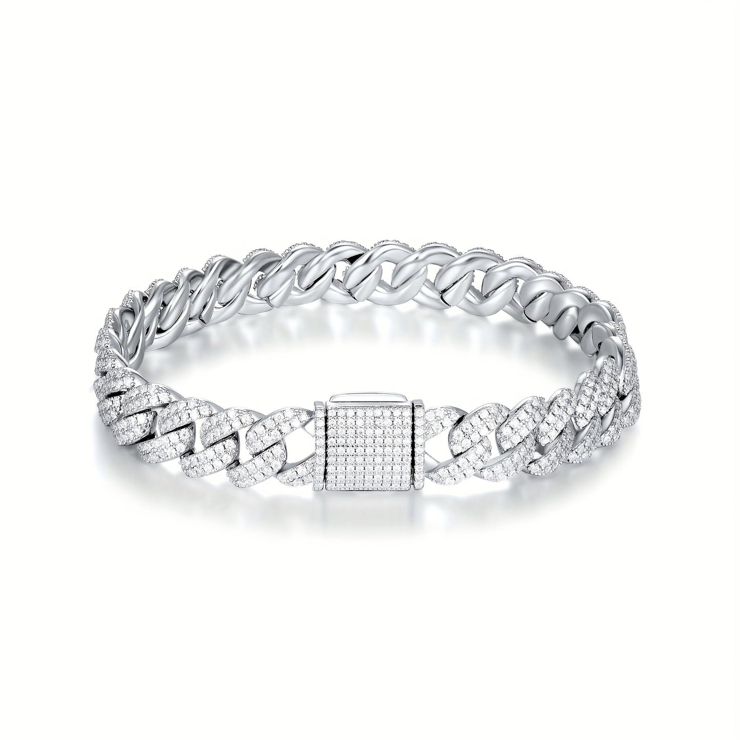 Bracciale Cubano in Argento Sterling S925 con Moissanite 10.4–15.3CT – Lusso Street Unisex, 32.4g, Regalo per Lui/Lei.