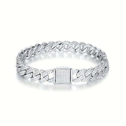 Bracciale Cubano in Argento Sterling S925 con Moissanite 10.4–15.3CT – Lusso Street Unisex, 32.4g, Regalo per Lui/Lei.